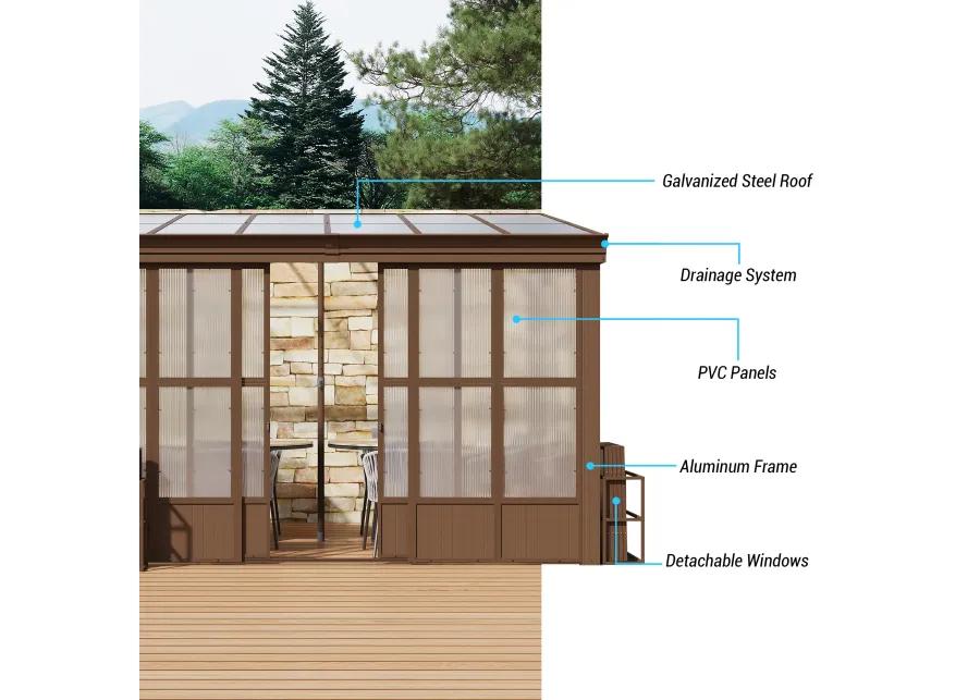 MONDAWE 10x12FT Lean to Sunroom Wall Mounted Solarium with Sloping Polycarbonate Roof, Detachable Screens and 2 Lockable Sliding Doors