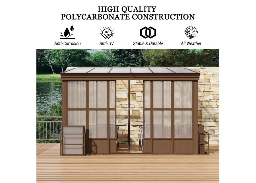 MONDAWE 10x12FT Lean to Sunroom Wall Mounted Solarium with Sloping Polycarbonate Roof, Detachable Screens and 2 Lockable Sliding Doors