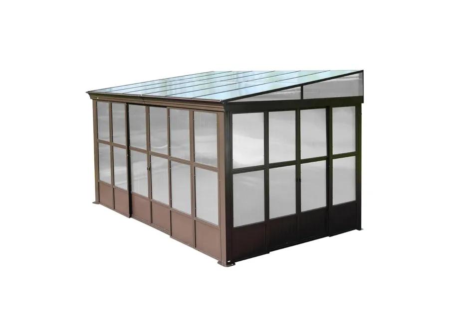 MONDAWE 10x12FT Lean to Sunroom Wall Mounted Solarium with Sloping Polycarbonate Roof, Detachable Screens and 2 Lockable Sliding Doors