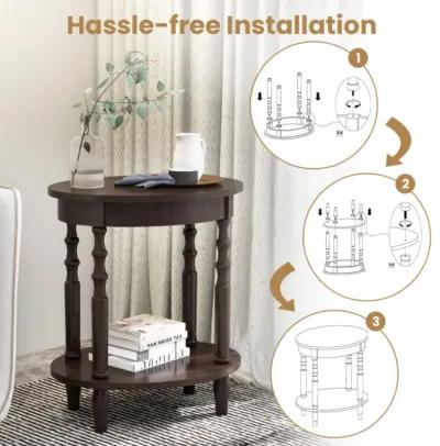 Hivvago 2-Tier Oval Side Table with Storage Shelf and Solid Wood Legs