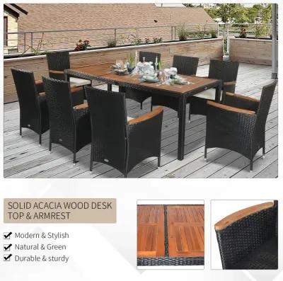 Outdoor Dining Luxury: 9PC Rattan & Acacia Set with Waterproof Cushions