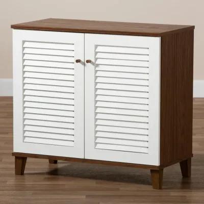 Baxton Studio Coolidge Modern and Contemporary White and Walnut Finished 4-Shelf Wood Shoe Storage Cabinet