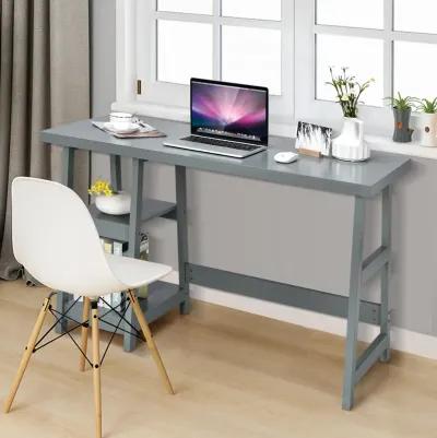 Wooden Trestle Computer Desk with 2-Tier Removable Shelves-Gray