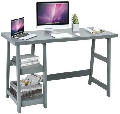 Wooden Trestle Computer Desk with 2-Tier Removable Shelves-Gray