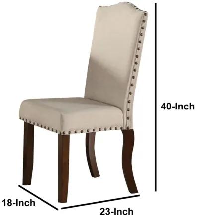 Rubber Wood Dining Chair With Nail Head Trim, Set Of 2, Brown And Cream-Benzara