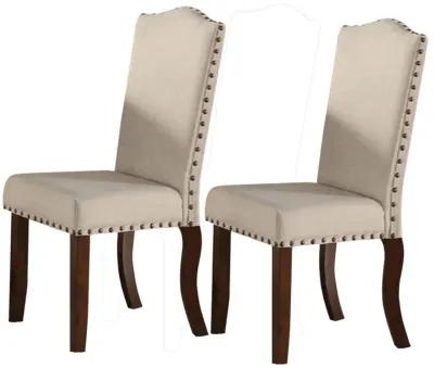 Rubber Wood Dining Chair With Nail Head Trim, Set Of 2, Brown And Cream-Benzara