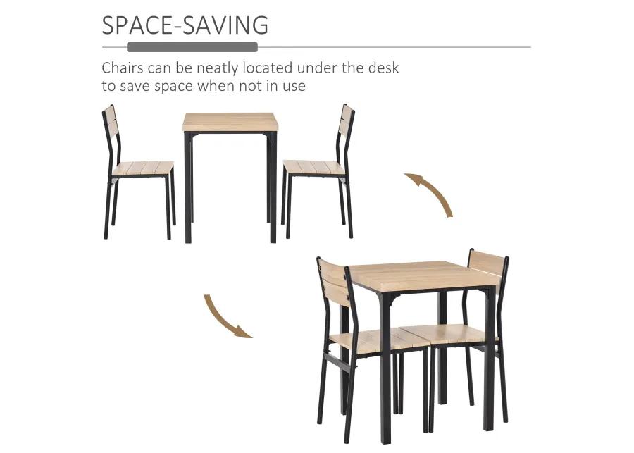 Compact Wood/Steel Dining: 3-Piece Set with Wood Grain Table & 2 Black Chairs