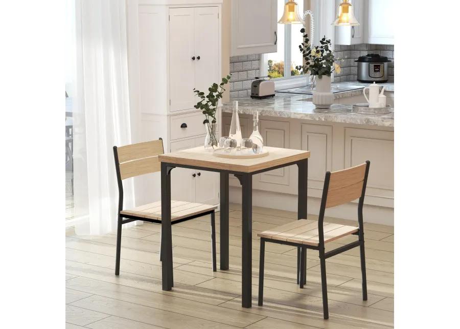 Compact Wood/Steel Dining: 3-Piece Set with Wood Grain Table & 2 Black Chairs