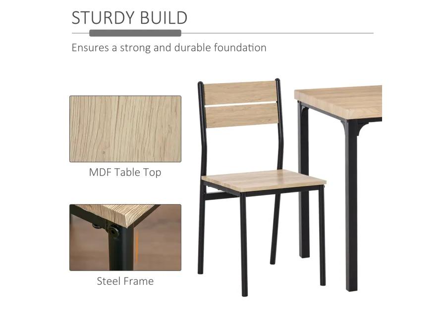 Compact Wood/Steel Dining: 3-Piece Set with Wood Grain Table & 2 Black Chairs