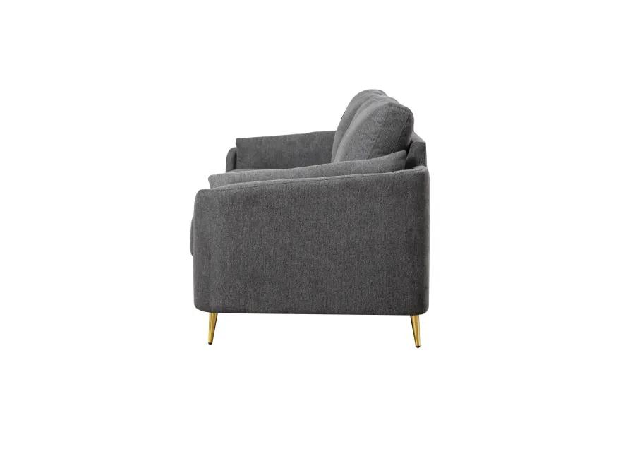 Jace 60 Inch Loveseat, Dark Gray Polyester, Gold Metal Legs, Pillow Back - Benzara