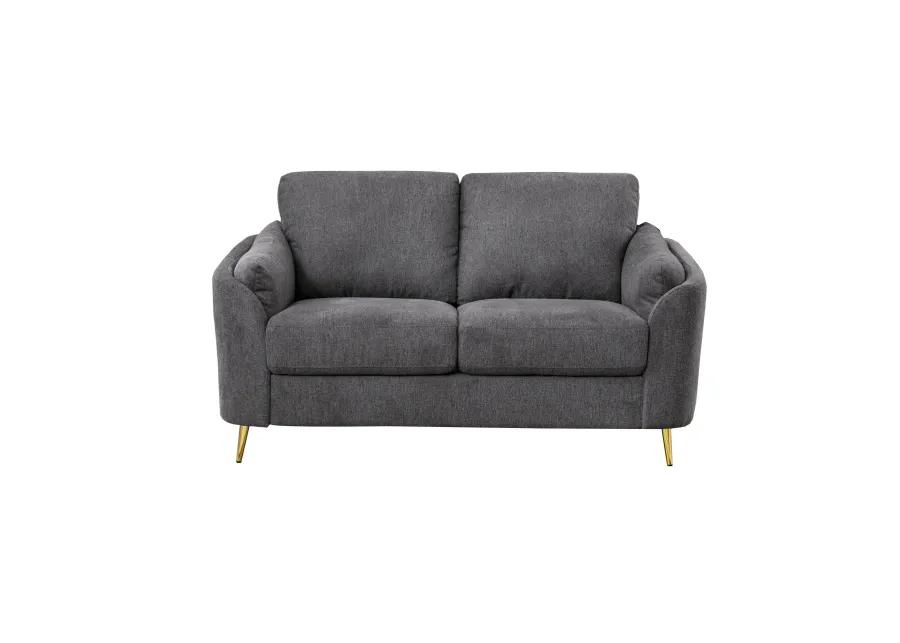 Jace 60 Inch Loveseat, Dark Gray Polyester, Gold Metal Legs, Pillow Back - Benzara