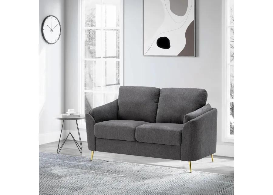 Jace 60 Inch Loveseat, Dark Gray Polyester, Gold Metal Legs, Pillow Back - Benzara