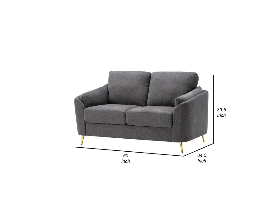 Jace 60 Inch Loveseat, Dark Gray Polyester, Gold Metal Legs, Pillow Back - Benzara