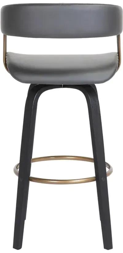 Topanga  Swivel Black Wood Counter Stool in Grey Faux Leather with Golden Bronze Metal