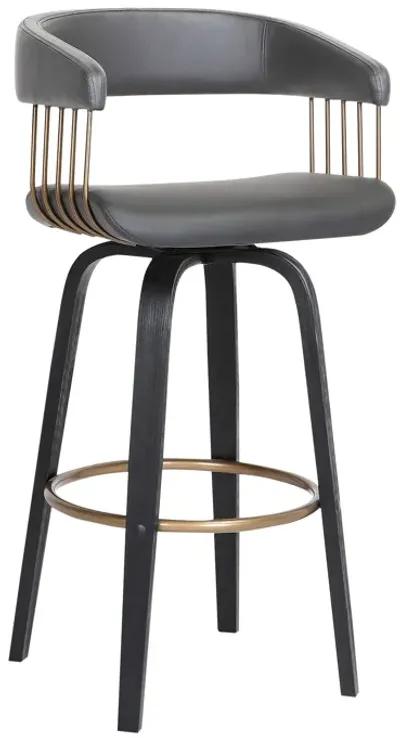 Topanga  Swivel Black Wood Counter Stool in Grey Faux Leather with Golden Bronze Metal