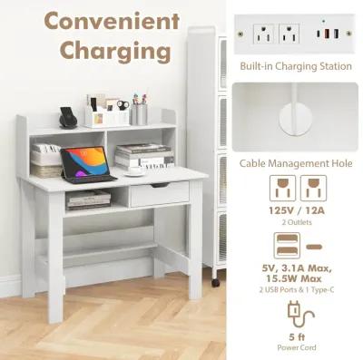 Costway Computer Desk with Power Outlets and USB Ports & Type-C Hutch Open Shelf Drawer