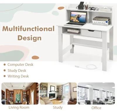 Costway Computer Desk with Power Outlets and USB Ports & Type-C Hutch Open Shelf Drawer