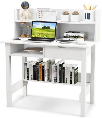 Costway Computer Desk with Power Outlets and USB Ports & Type-C Hutch Open Shelf Drawer