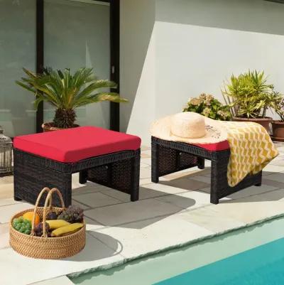 2 Pieces Patio Rattan Ottomans with Soft Cushion for Patio and Garden