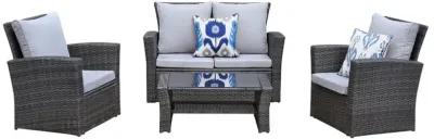 4-Pieces PE Rattan Wicker Outdoor Patio Furniture Set With Grey Cushions