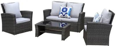 4-Pieces PE Rattan Wicker Outdoor Patio Furniture Set With Grey Cushions