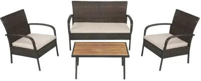 4 Pieces Patio Cushioned Wicker Conversation Set with Acacia Wood Tabletop