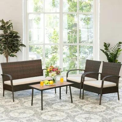 4 Pieces Patio Cushioned Wicker Conversation Set with Acacia Wood Tabletop