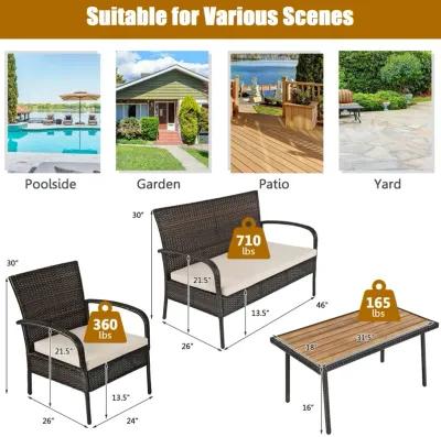 4 Pieces Patio Cushioned Wicker Conversation Set with Acacia Wood Tabletop