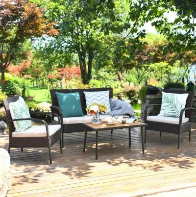 4 Pieces Patio Cushioned Wicker Conversation Set with Acacia Wood Tabletop