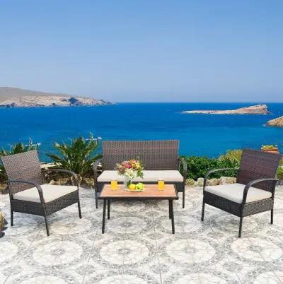 4 Pieces Patio Cushioned Wicker Conversation Set with Acacia Wood Tabletop