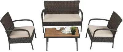 4 Pieces Patio Cushioned Wicker Conversation Set with Acacia Wood Tabletop