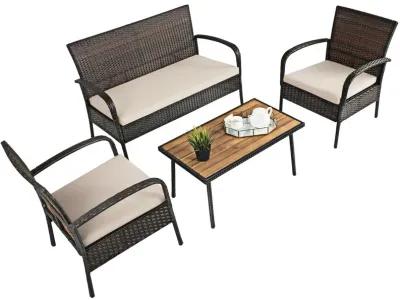 4 Pieces Patio Cushioned Wicker Conversation Set with Acacia Wood Tabletop