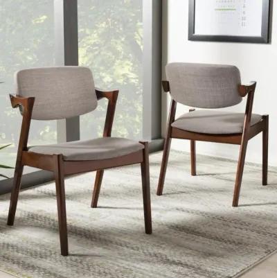 Elegant Mid-Century Dark Walnut Wood Grey Fabric Upholstered Dining Armchair