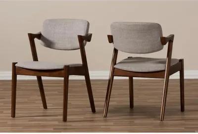 Elegant Mid-Century Dark Walnut Wood Grey Fabric Upholstered Dining Armchair