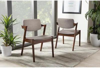 Elegant Mid-Century Dark Walnut Wood Grey Fabric Upholstered Dining Armchair