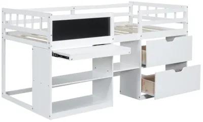 Merax Low Loft Bed with Rolling Desk and Drawers