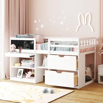 Merax Low Loft Bed with Rolling Desk and Drawers