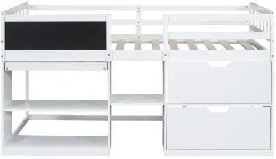 Merax Low Loft Bed with Rolling Desk and Drawers