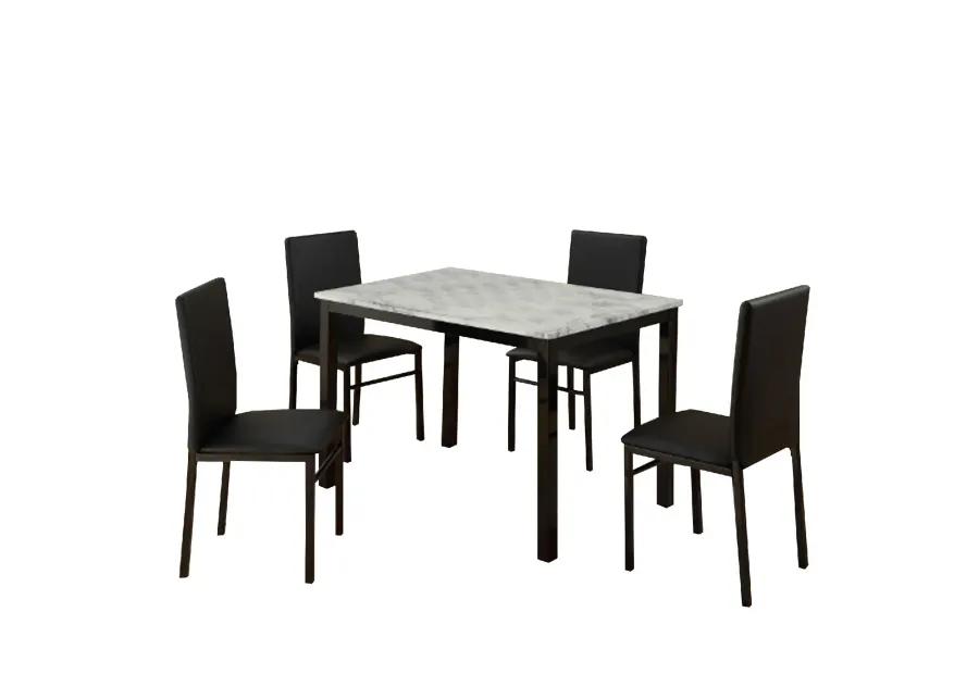 Riley 5 Piece Dining Table Set, Wood, 4 Chairs, White Fabric Upholstery - Benzara