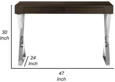 Rix 47 Inch Office Desk, Espresso Brown Wood, 2 Drawers, X Polished Steel - Benzara