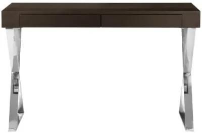 Rix 47 Inch Office Desk, Espresso Brown Wood, 2 Drawers, X Polished Steel - Benzara