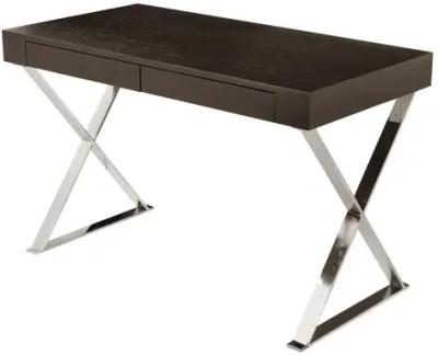 Rix 47 Inch Office Desk, Espresso Brown Wood, 2 Drawers, X Polished Steel - Benzara