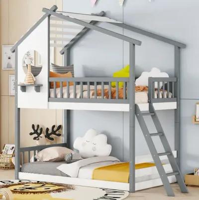 Twin Over Twin Bunk Bed Wood Bed With Roof, Window, Ladder