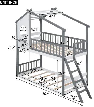 Twin Over Twin Bunk Bed Wood Bed With Roof, Window, Ladder