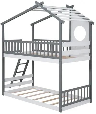 Twin Over Twin Bunk Bed Wood Bed With Roof, Window, Ladder