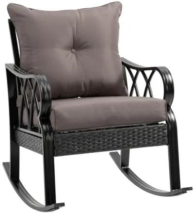 Grey Porch Rocker: Wicker Chair with Cushions and Aluminum Frame