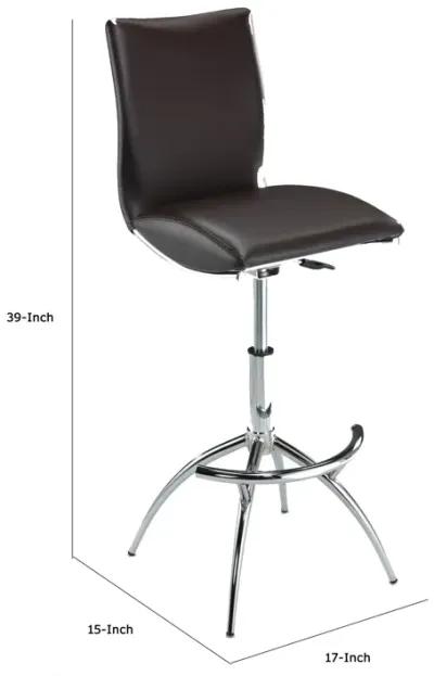 Deko 26-31 Inch Adjustable Height Barstool Chair, Set of 2, Chrome Brown Faux Leather - Benzara