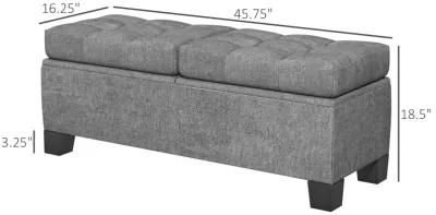 46" Gray Storage Ottoman: Button Tufted, Steel Frame