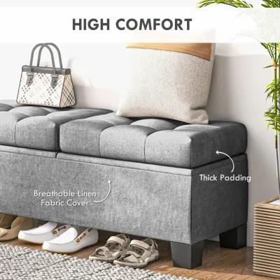 46" Gray Storage Ottoman: Button Tufted, Steel Frame