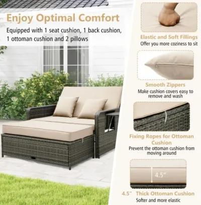 Hivvago Patio Wicker Loveseat Sofa with Multipurpose Ottoman and Retractable Side Tray